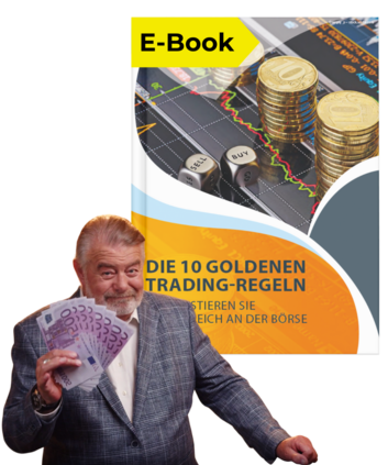 Prämiencover "Die 10 goldenen Trading-Regeln" mit Harry Wijnvoord, der ein Bündel von 500 Euro Scheinen in der Hand hochhält. 