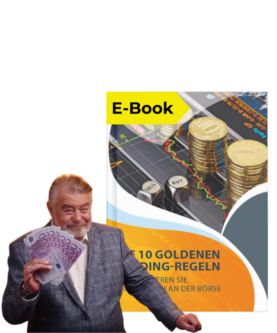 Prämiencover "Die 10 goldenen Trading-Regeln" mit Harry Wijnvoord, der ein Bündel von 500 Euro Scheinen in der Hand hochhält. 
