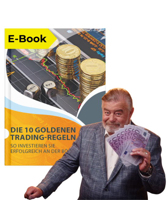 Prämiencover "Die 10 goldenen Trading-Regeln" mit Harry Wijnvoord, der ein Bündel von 500 Euro Scheinen in der Hand hochhält. 