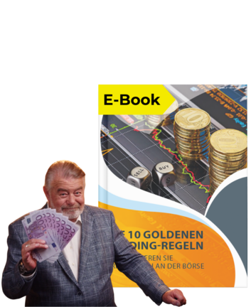 Prämiencover "Die 10 goldenen Trading-Regeln" mit Harry Wijnvoord, der ein Bündel von 500 Euro Scheinen in der Hand hochhält. 