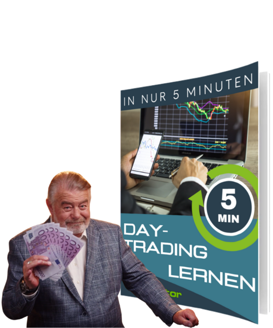 Prämiencover "Daytrading in nur 5 Minuten lernen" mit Harry Wijnvoord, der ein Bündel von 500 Euro Scheinen in der Hand hochhält. 