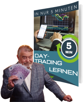 Prämiencover "Daytrading in nur 5 Minuten lernen" mit Harry Wijnvoord, der ein Bündel von 500 Euro Scheinen in der Hand hochhält. 