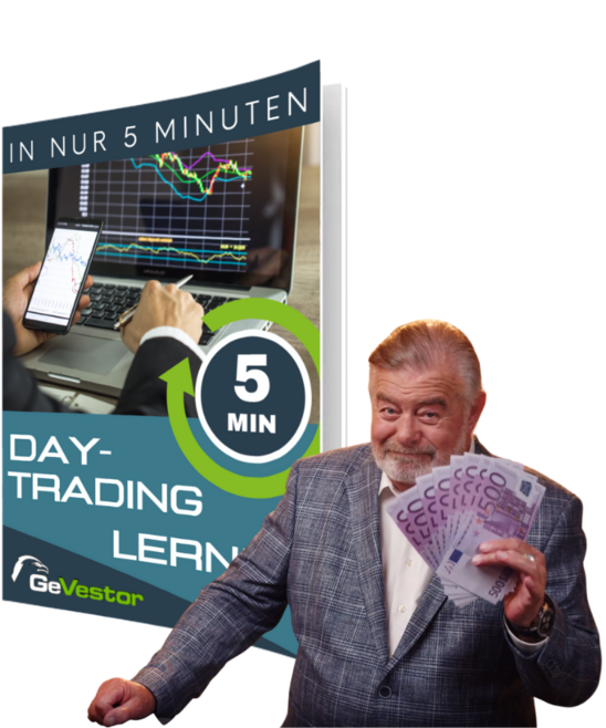 Prämiencover "Daytrading in nur 5 Minuten lernen" mit Harry Wijnvoord, der ein Bündel von 500 Euro Scheinen in der Hand hochhält. 