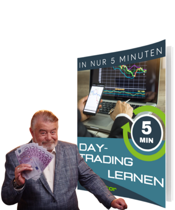 Prämiencover "Daytrading in nur 5 Minuten lernen" mit Harry Wijnvoord, der ein Bündel von 500 Euro Scheinen in der Hand hochhält. 