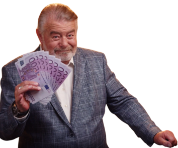 Harry Wijnvoord, der ein Bündel von 500 Euro Scheinen in der Hand hochhält.