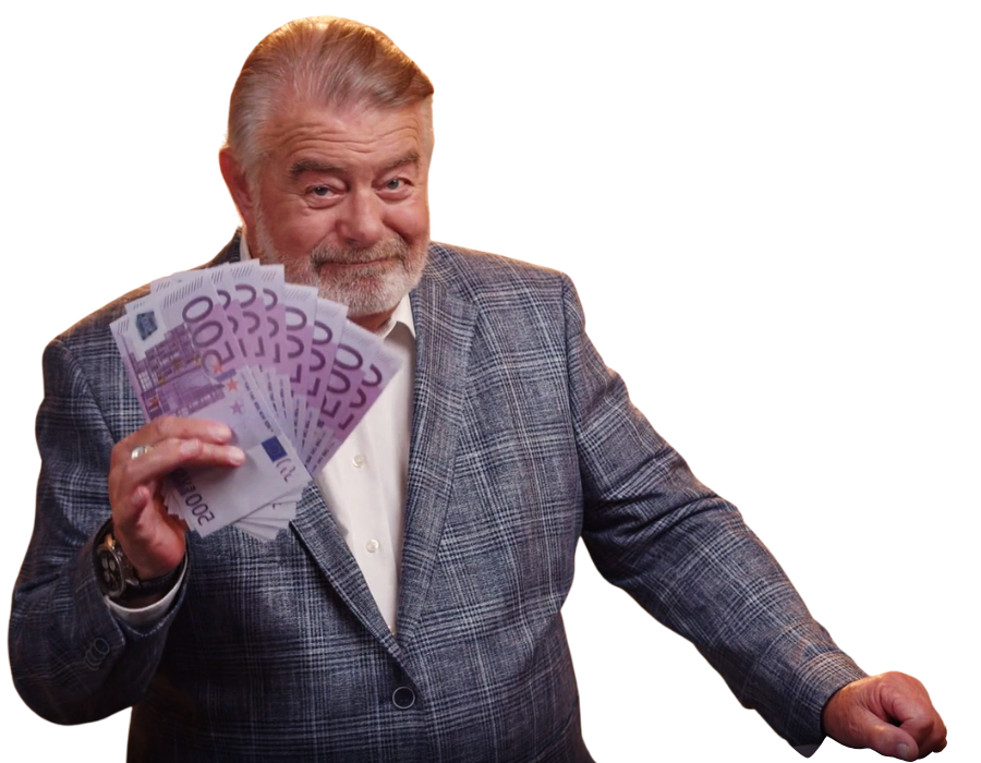 Harry Wijnvoord, der ein Bündel von 500 Euro Scheinen in der Hand hochhält.